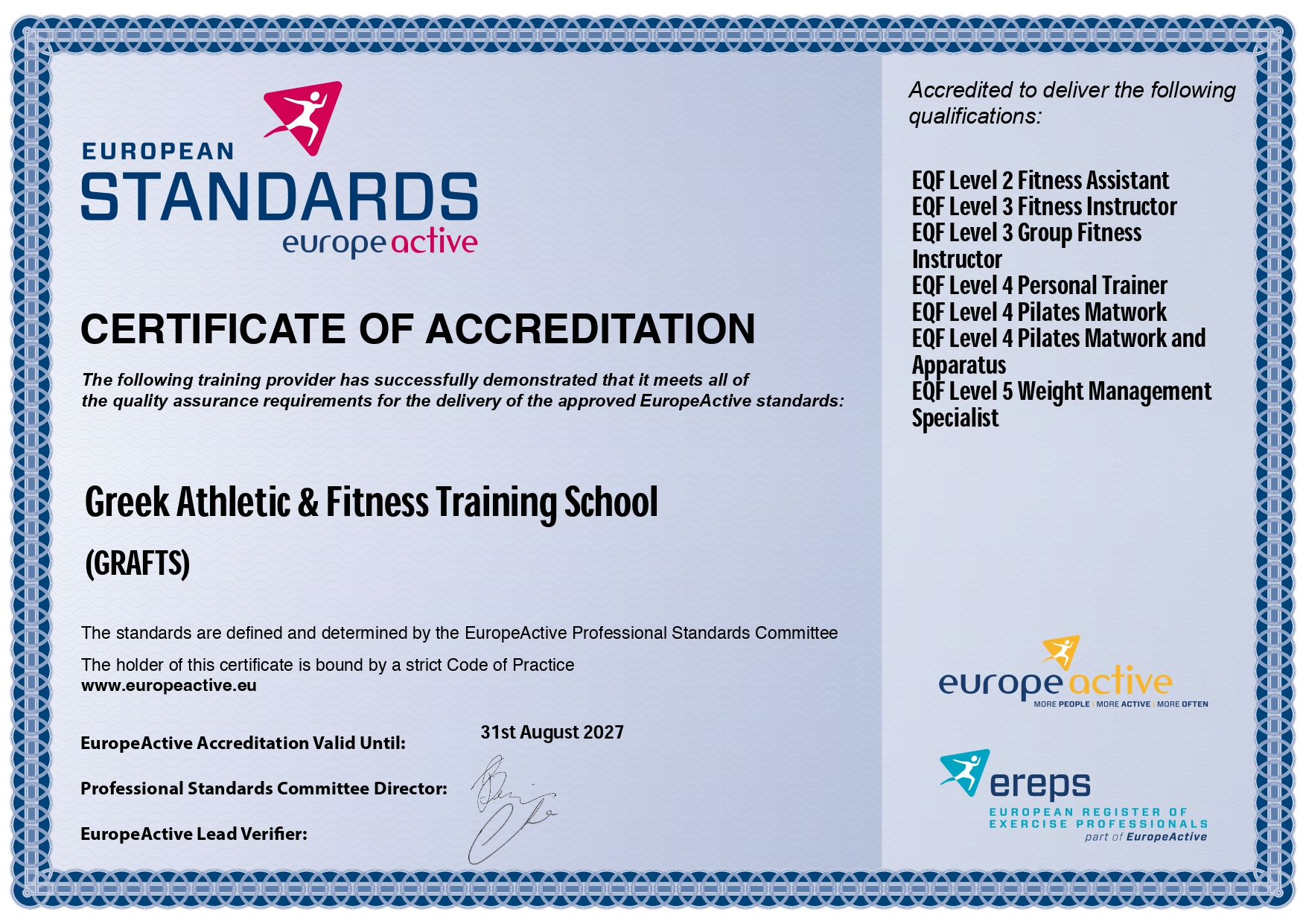GRAFTS Hellas Πιστοποιητικό Διαπίστευσης από την EuropeActive Standards