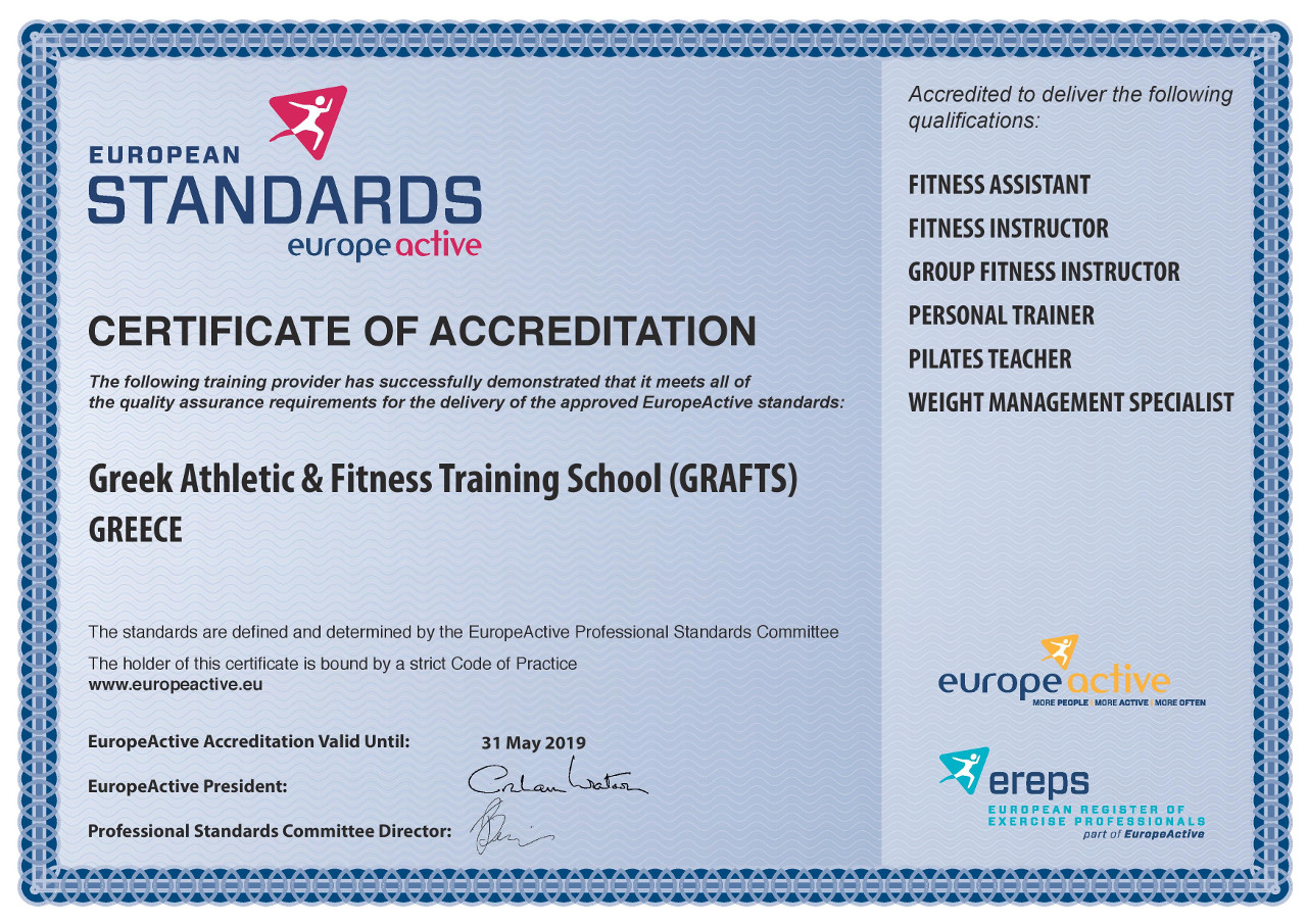 GRAFTS Hellas Certificate of Accreditation by EuropeActive Standards